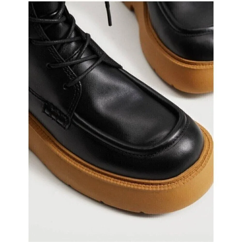Mango Charles Boots MNG Size 9.5 US EUR 41 Lace-up Leather Black Tall Chunky - Picture 7 of 10